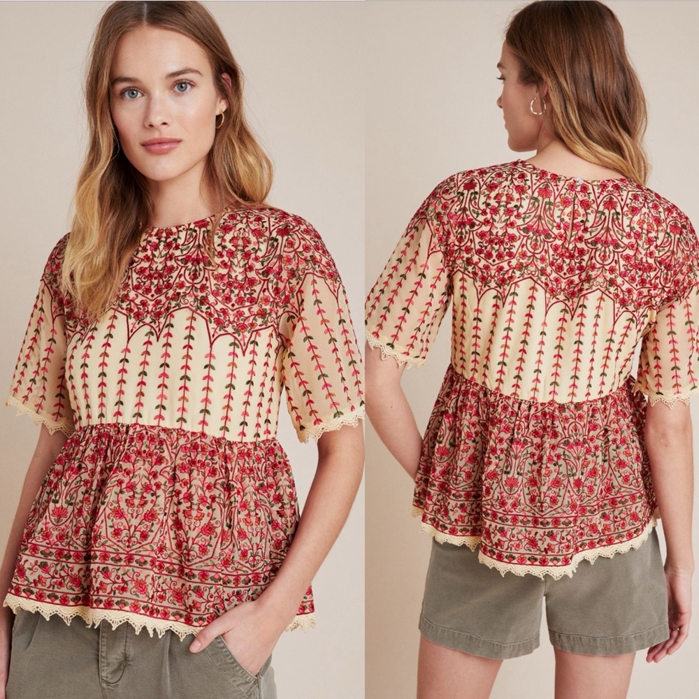 Anthropologie Florence Embroidered Peplum Blouse Mynah Designs
